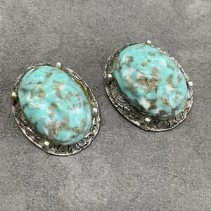 Vintage Tara Clip On Earrings Faux Turquoise Silver Tone Signed